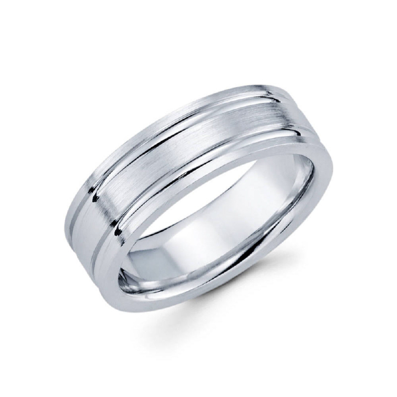 7mm 14k white gold satin finished men's wedding band consists of two parallel diamond cuts on the outter sides.