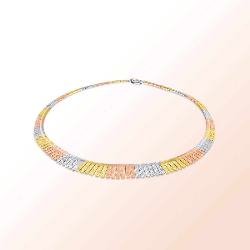 18K. Tricolor Gold Cleopatra Necklace with diamond cuts                                                                                               18K. Tricolor Gold Cleopatra Necklace with diamond cuts