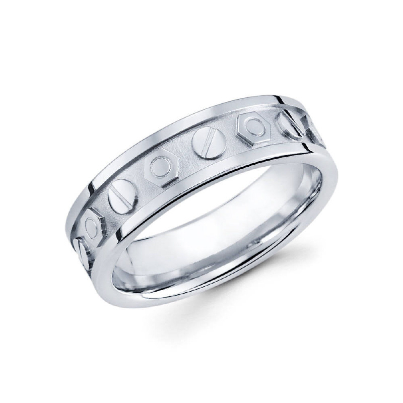 Mm 14k white gold men's wedding band feature a screw and knot design pattern which goes all throughout the center of the ring.